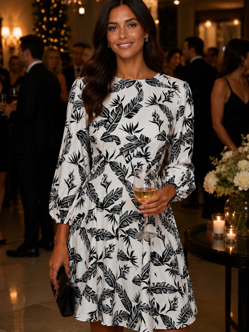 NWT Jay Godfrey White Dress with Black Leaf Print 3/4 Sleeves Palm Wedding Guest